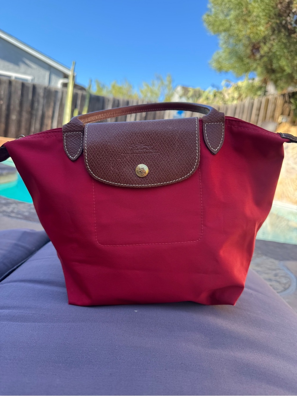 Longchamp Le Pliage Small Mini Red Nylon Brown Leather Top Handle Bag GUC